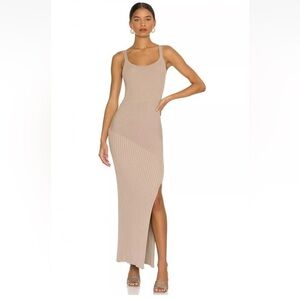NICHOLAS Tan Alixia Ribbed Midi Dress Side Slit Bodycon Size Small